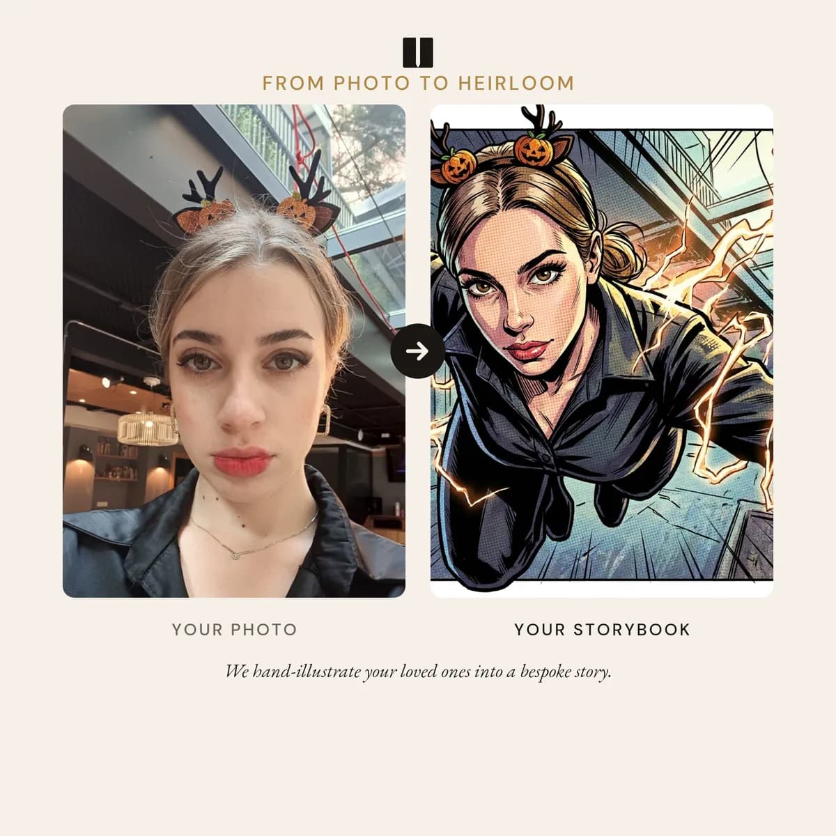 Side-by-side: original phone photo and the comic-book illustration made from it