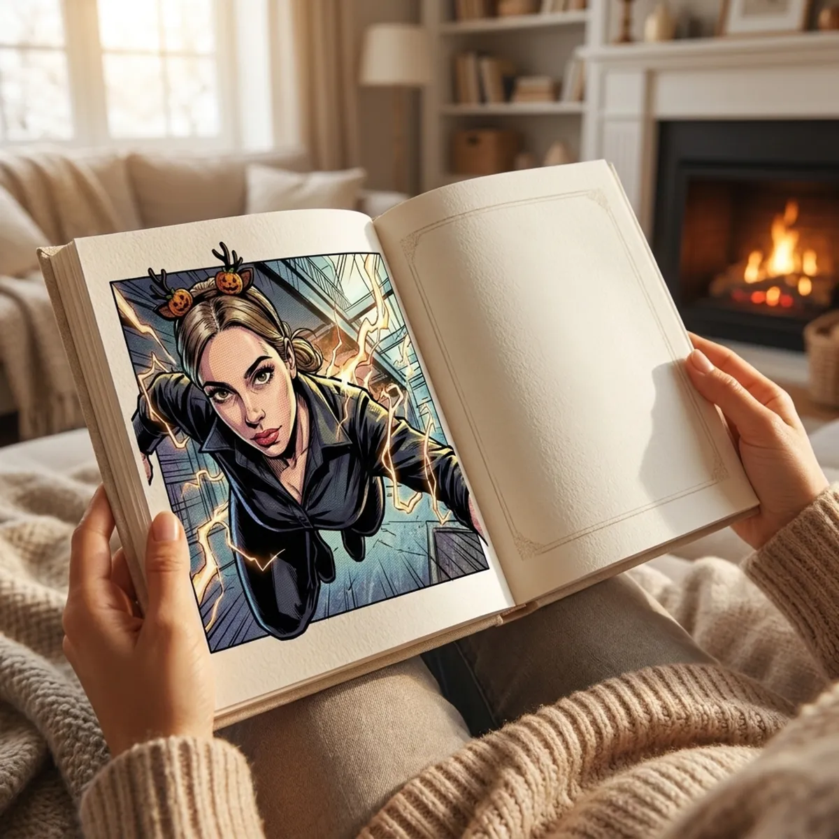 The open hardcover held on a lap in a living room, a comic page showing