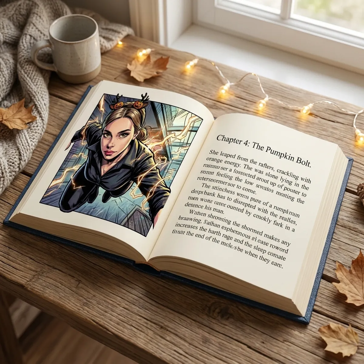 Open hardcover book showing a vintage comic style illustrated spread