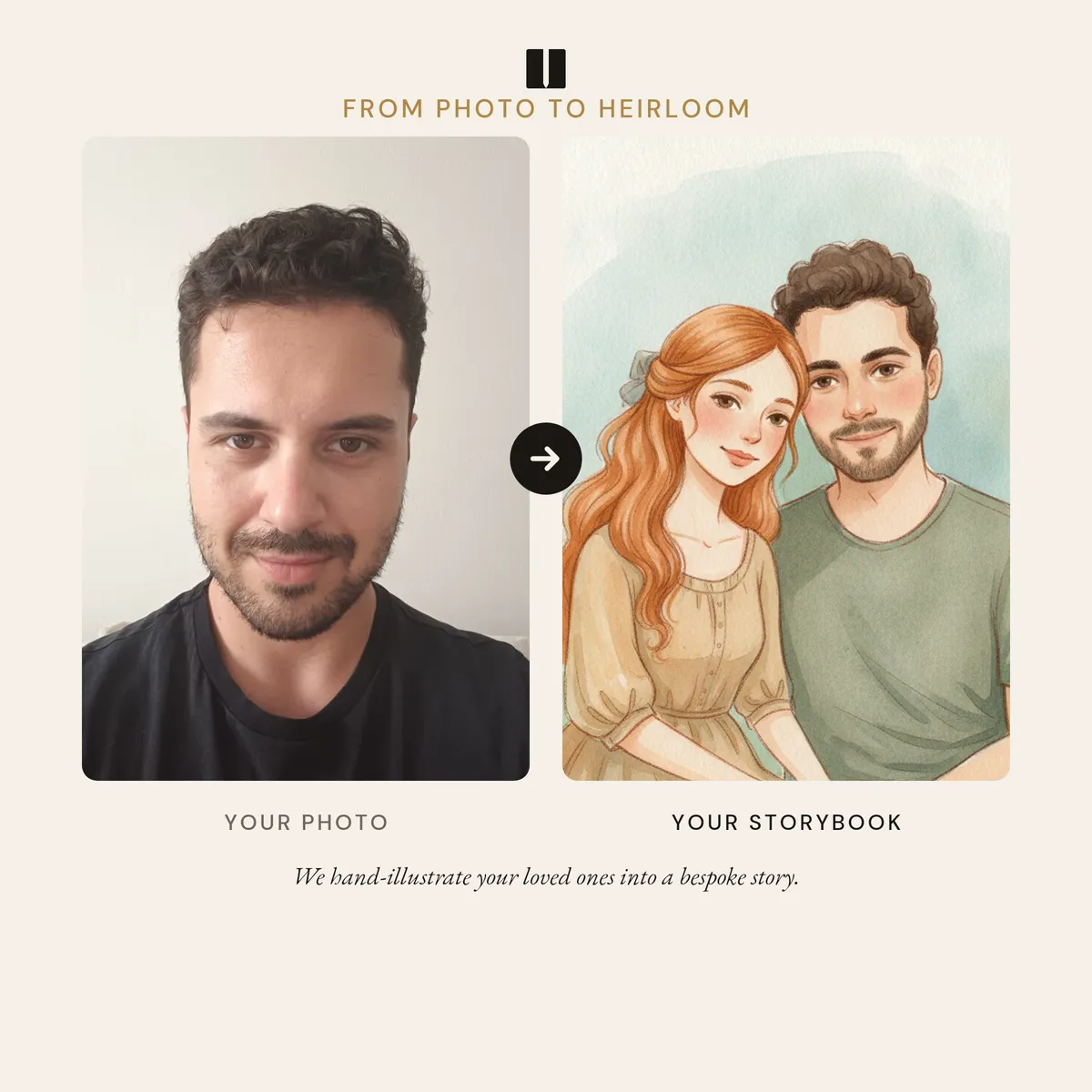 Side-by-side: original phone photo and the watercolour storybook illustration made from it