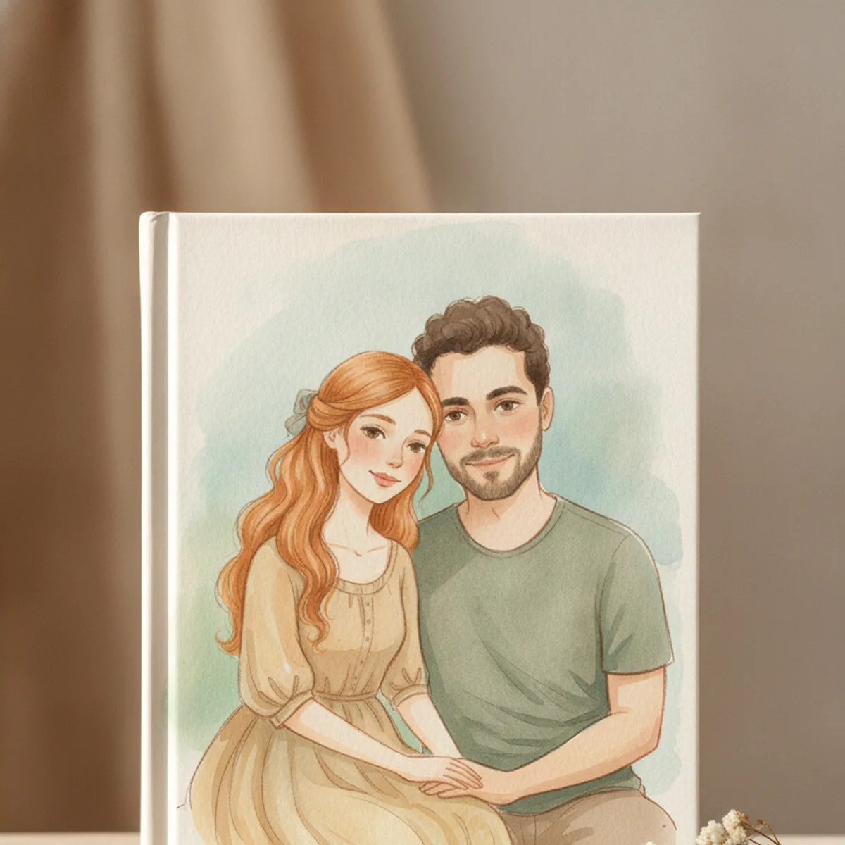Hardcover book cover with a watercolour portrait of a couple