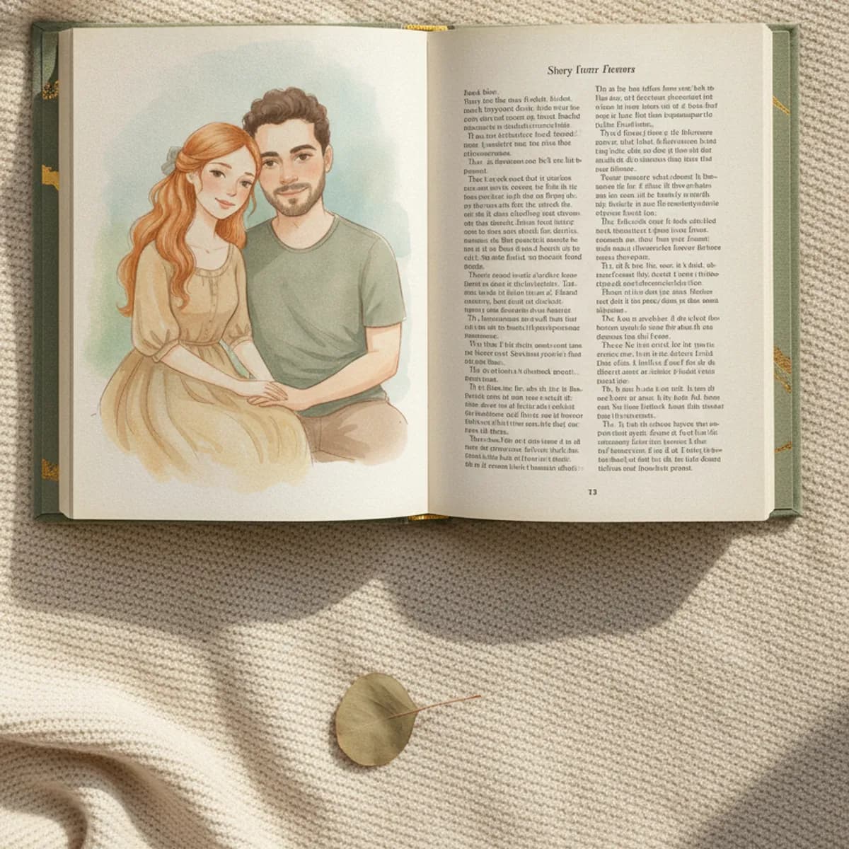Open hardcover book showing a watercolour illustrated spread of a couple